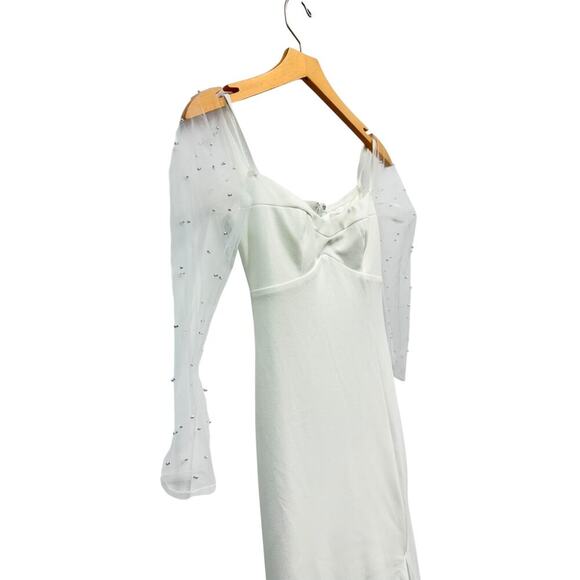 Lulus Eternally Beloved White Mesh Off-the-Shoulder Pearl Maxi Dress M NWT - Picture 3 of 10